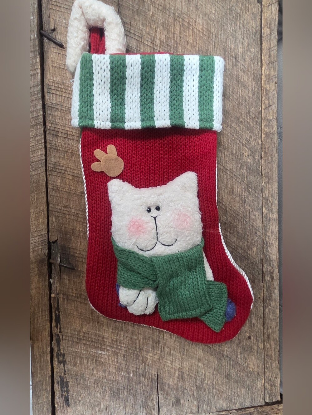 Vintage 1990s Knitted Christmas Stocking, 3D Plush White Cat in Green Scarf B1P
